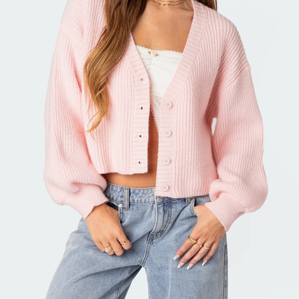 Edikted Pink Cropped Cardigan with Balloon Sleeves - Picture 2 of 2